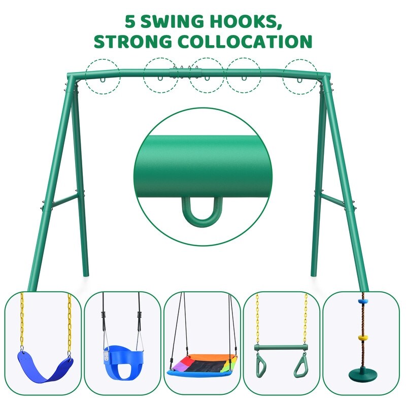 440lbs Heavy Duty A-Frame Metal Swing Set Frame with 5 Hanging Hooks for Kids, Adults, Outdoor