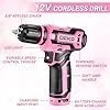 Pink Tool Kit Box Drill Set:DEKOPRO Home Mechanic Toolbox with 12V Power Cordless Drill Hand Repair Tools Sets Combo Kits Storage Organizer Drawer Case for Men & Women