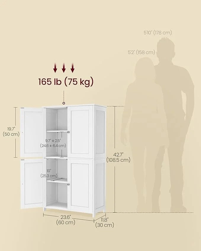 VASAGLE Floor Storage Cabinet, Shaker Cabinet with 2 Adjustable Shelves, 4 Doors, Tall Freestanding Organizer Unit, for Kitchen Bathroom Living Room, Cloud White UBBC553WH01S