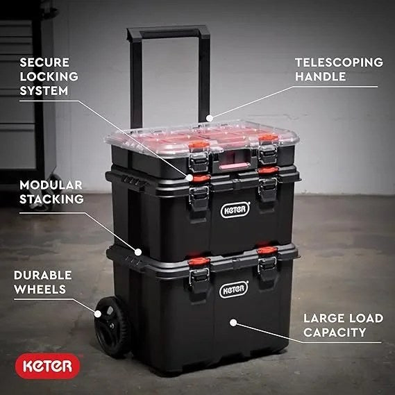 Keter Stack-n-Roll Modular Tools Organizer for Garage Storage and DIY, 3 Piece Resin Rolling Tool Box System for Small Parts, Black