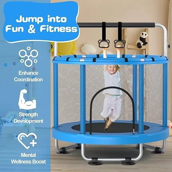 ZCMHAXJ 55″ Trampoline for Kids with Enclosure, 440lbs Capacity Indoor & Outdoor Toddler Trampoline with Adjustable Gymnastics Bar & Toys, for Boys & Girls