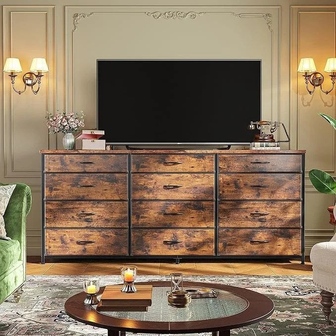 Romorgniz 55″ Dresser for Bedroom with 12 Fabric Drawers, Entertainment Center for 60 inch TV Dressers & Chests of Drawers Large Organizer, Living Room, Metal Frame, Wood Top, Rustic Brown