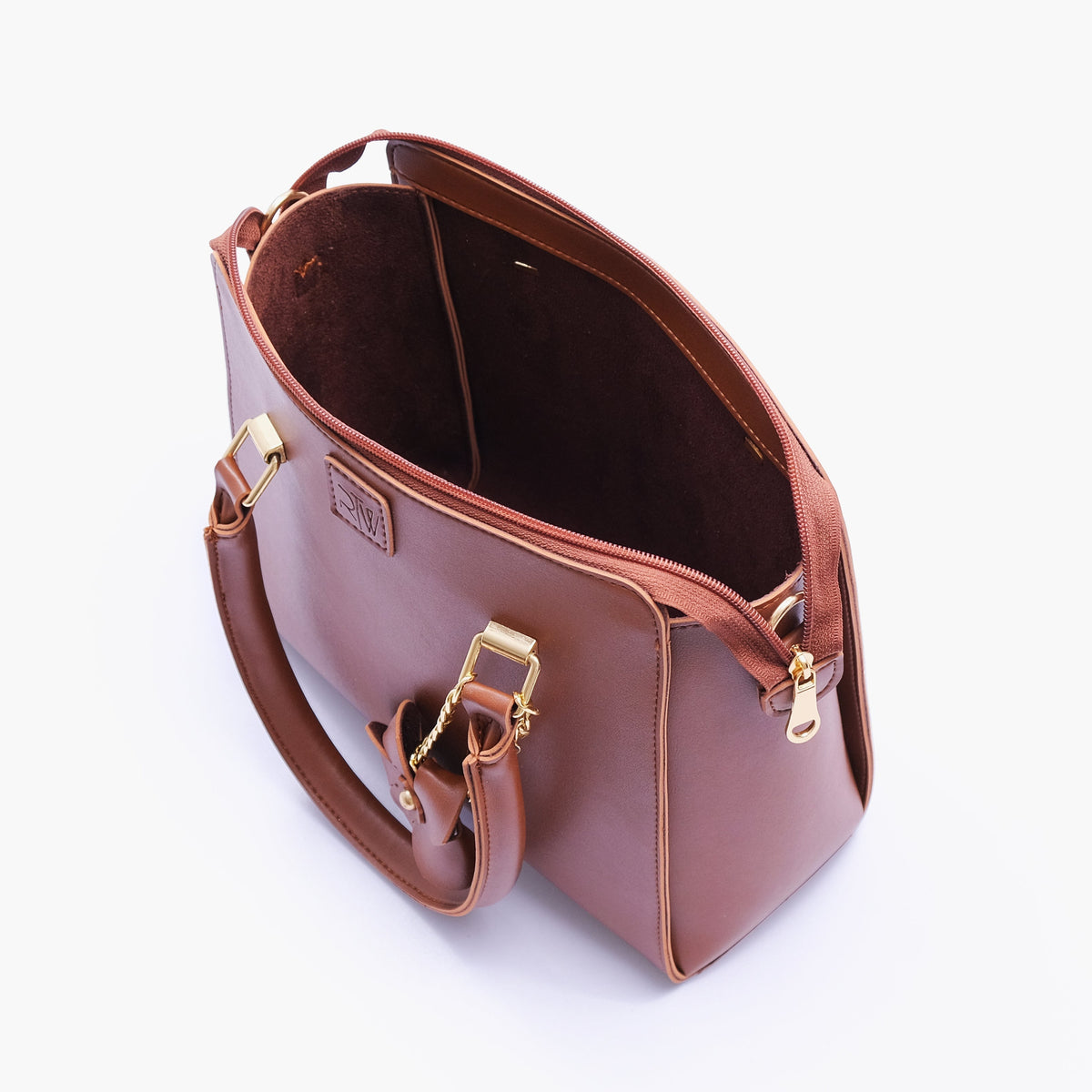 Brown handbag with flower charm for women