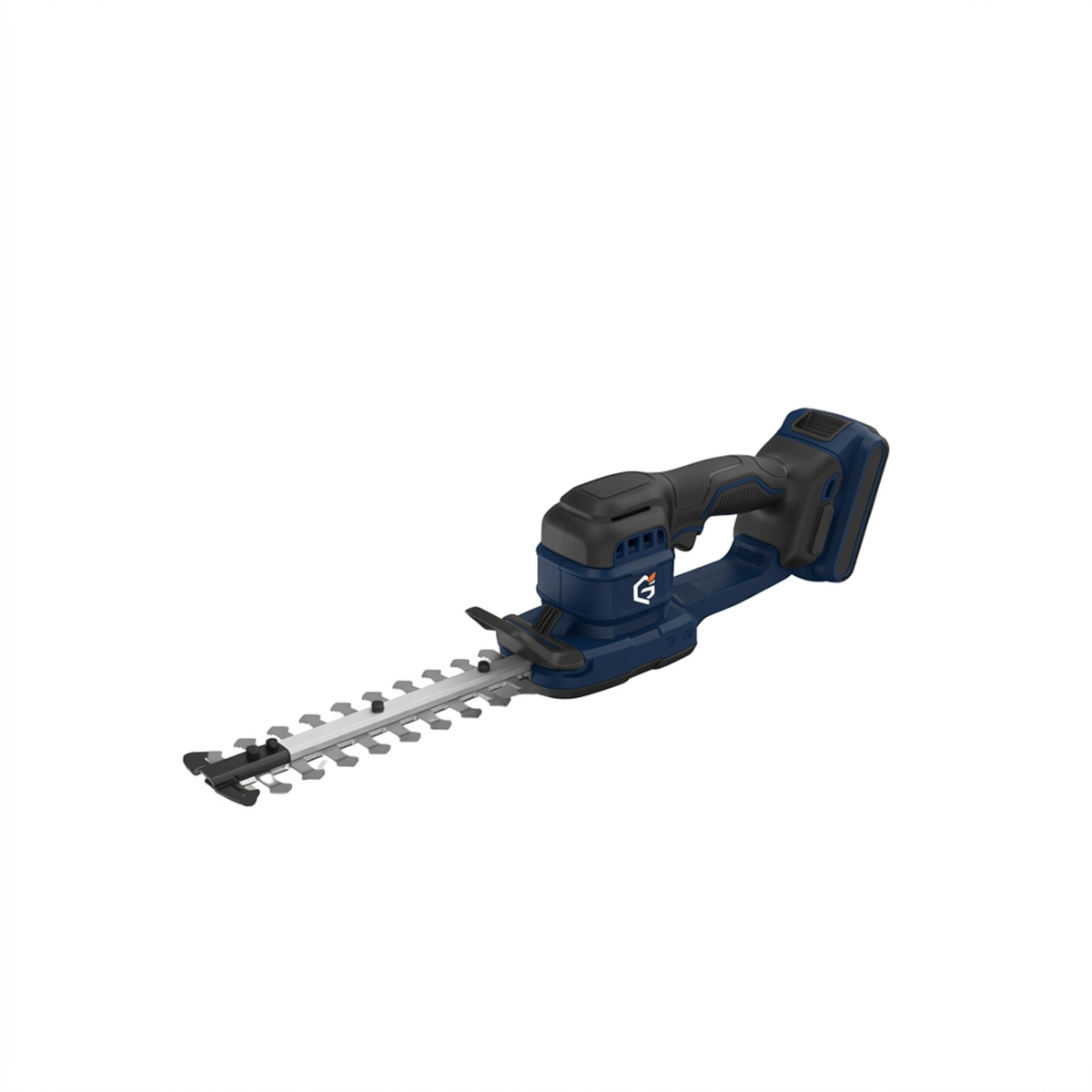 GETDECO TrimPro 25V cordless hedge trimmer with red handle and dual blades, ideal for shaping and pruning hedges.