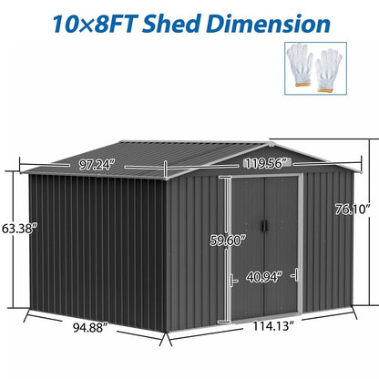 10X8 FT Outdoor Storage Shed, Metal Foundation & Lockable Doors, Tool Shed For Garden, Patio, Backyard, Lawn, Grey