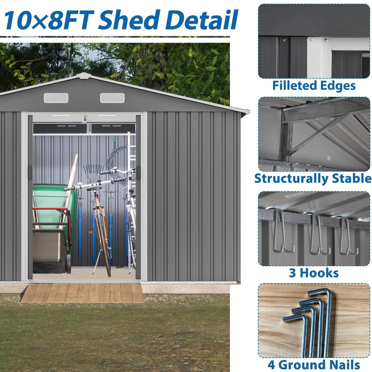 10X8 FT Outdoor Storage Shed, Metal Foundation & Lockable Doors, Tool Shed For Garden, Patio, Backyard, Lawn, Grey