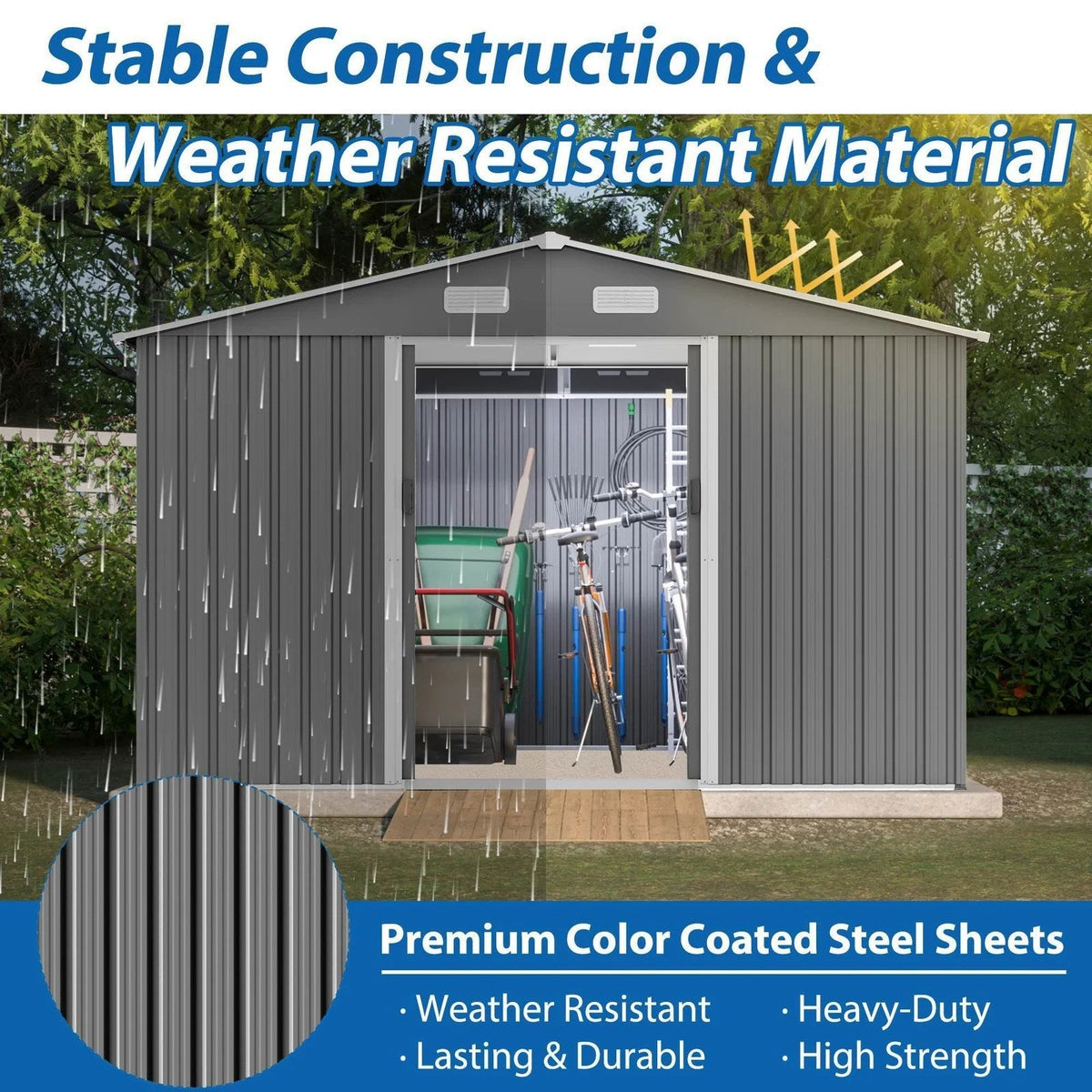 10X8 FT Outdoor Storage Shed, Metal Foundation & Lockable Doors, Tool Shed For Garden, Patio, Backyard, Lawn, Grey