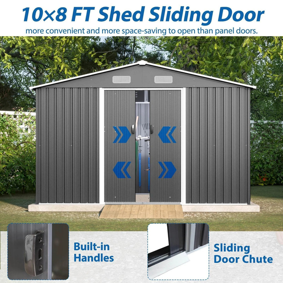 10X8 FT Outdoor Storage Shed, Metal Foundation & Lockable Doors, Tool Shed For Garden, Patio, Backyard, Lawn, Grey