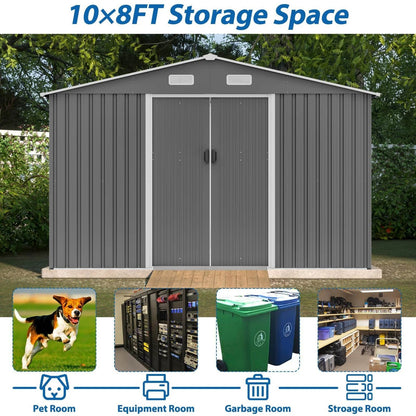 10X8 FT Outdoor Storage Shed, Metal Foundation & Lockable Doors, Tool Shed For Garden, Patio, Backyard, Lawn, Grey