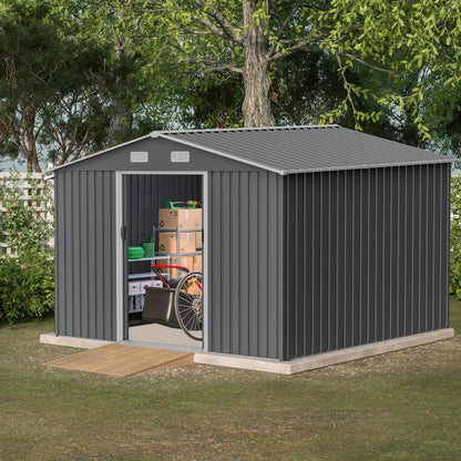 10X8 FT Outdoor Storage Shed, Metal Foundation & Lockable Doors, Tool Shed For Garden, Patio, Backyard, Lawn, Grey