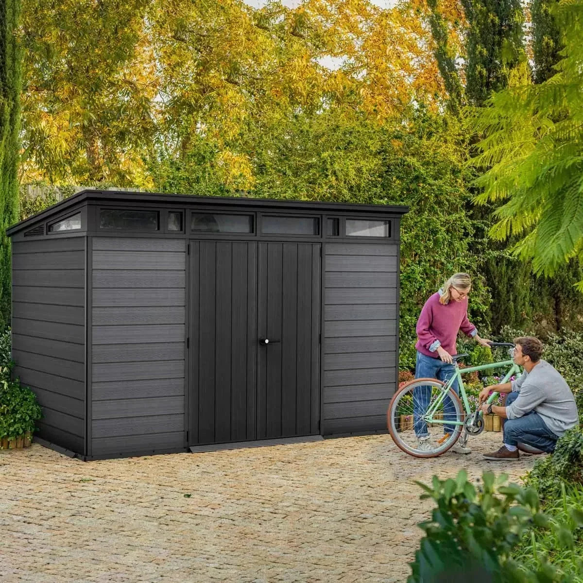 Keter Artisan 11×7 ft. Pent Outdoor Storage Shed with Floor & Window – Dark Grey