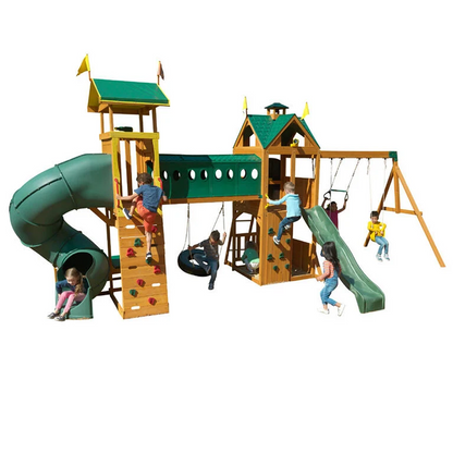 KidKraft Mockingbird View Cedar Swing Set with Lookout Tower Tube Slide and Basketball Hoop image 0
