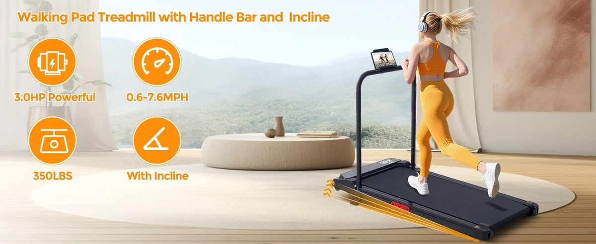 KASSADIN Walking Pad with Handle Bar, 2026 Upgrade Portable Small Treadmill with Handles for Home Small, 3.0HP Under Desk Walking Pad Treadmill with Incline, 0.6-7.6MPH, 350LBS