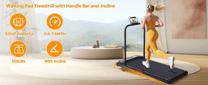 KASSADIN Walking Pad with Handle Bar, 2026 Upgrade Portable Small Treadmill with Handles for Home Small, 3.0HP Under Desk Walking Pad Treadmill with Incline, 0.6-7.6MPH, 350LBS