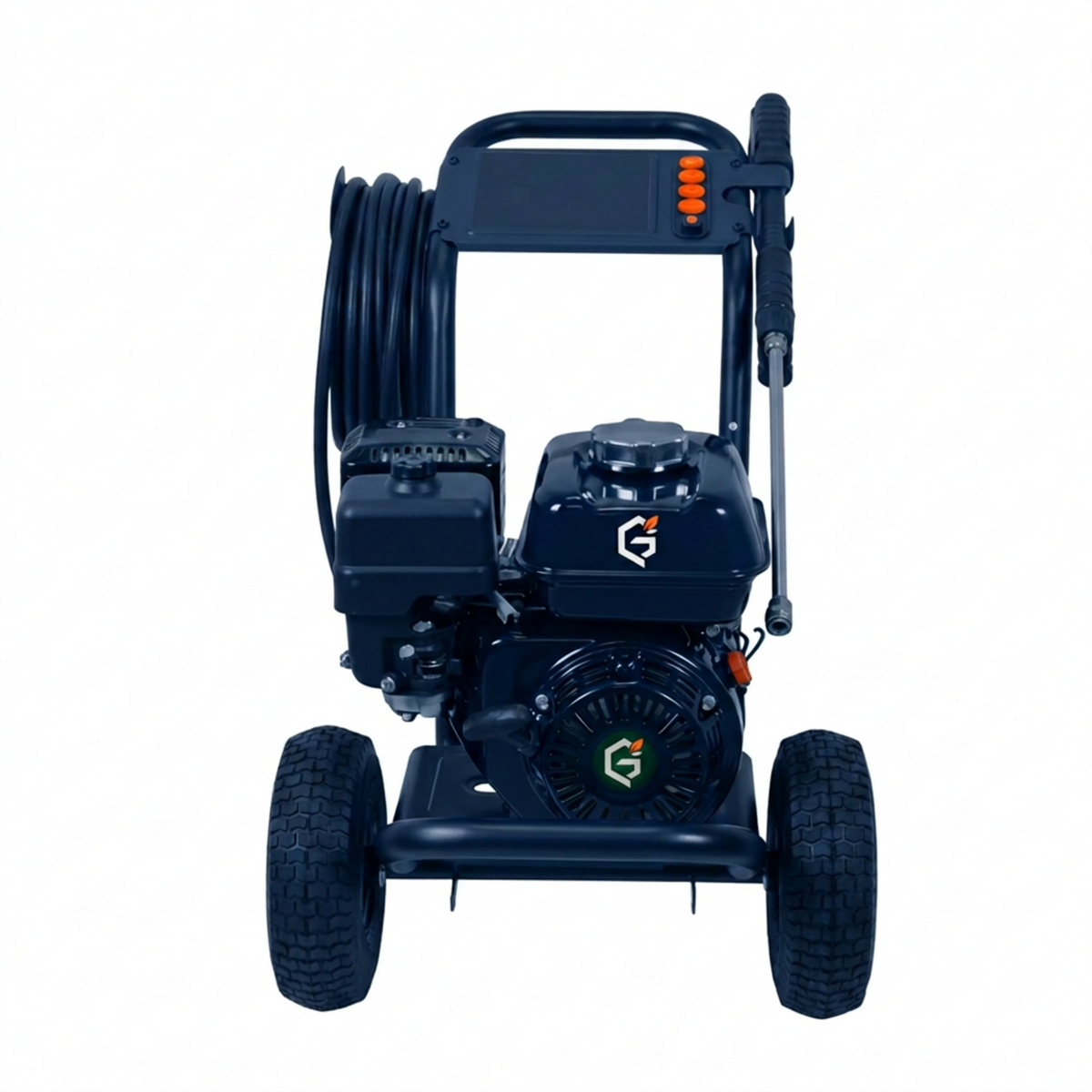 Redesigned GETDECO HydroForce 3450 gas pressure washer with red accents, showing detailed view of the outdoor cleaning equipment.