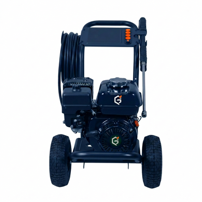 Redesigned GETDECO HydroForce 3450 gas pressure washer with red accents, showing detailed view of the outdoor cleaning equipment.