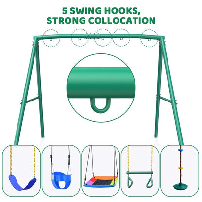 440lbs Heavy Duty A-Frame Metal Swing Set Frame with 5 Hanging Hooks for Kids, Adults, Outdoor