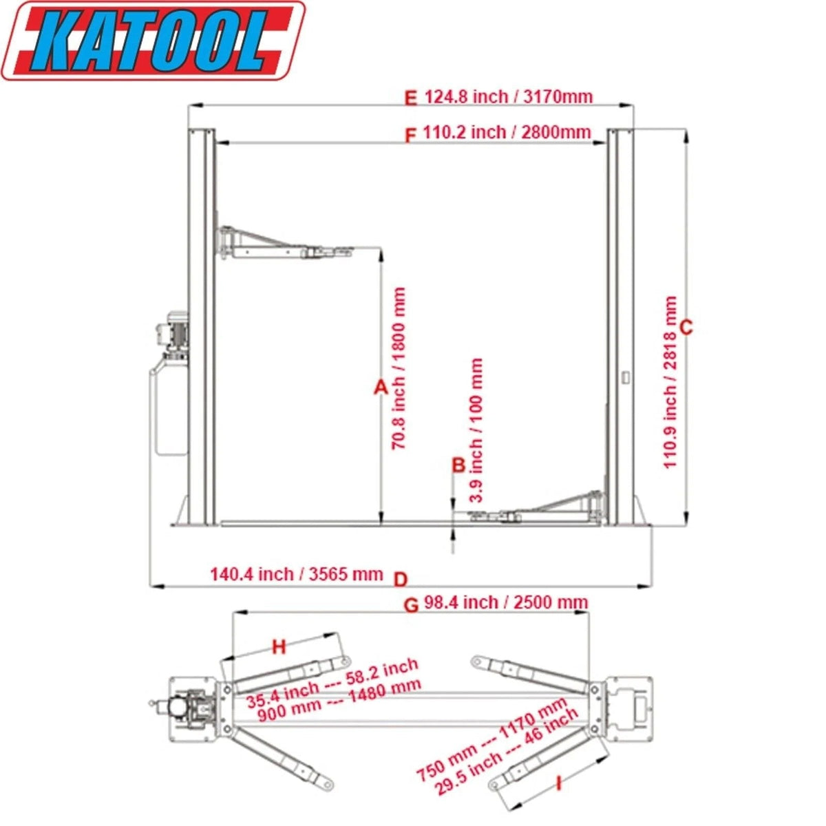 KT-H105 Two Post Vehicle Lift 10,000lbs