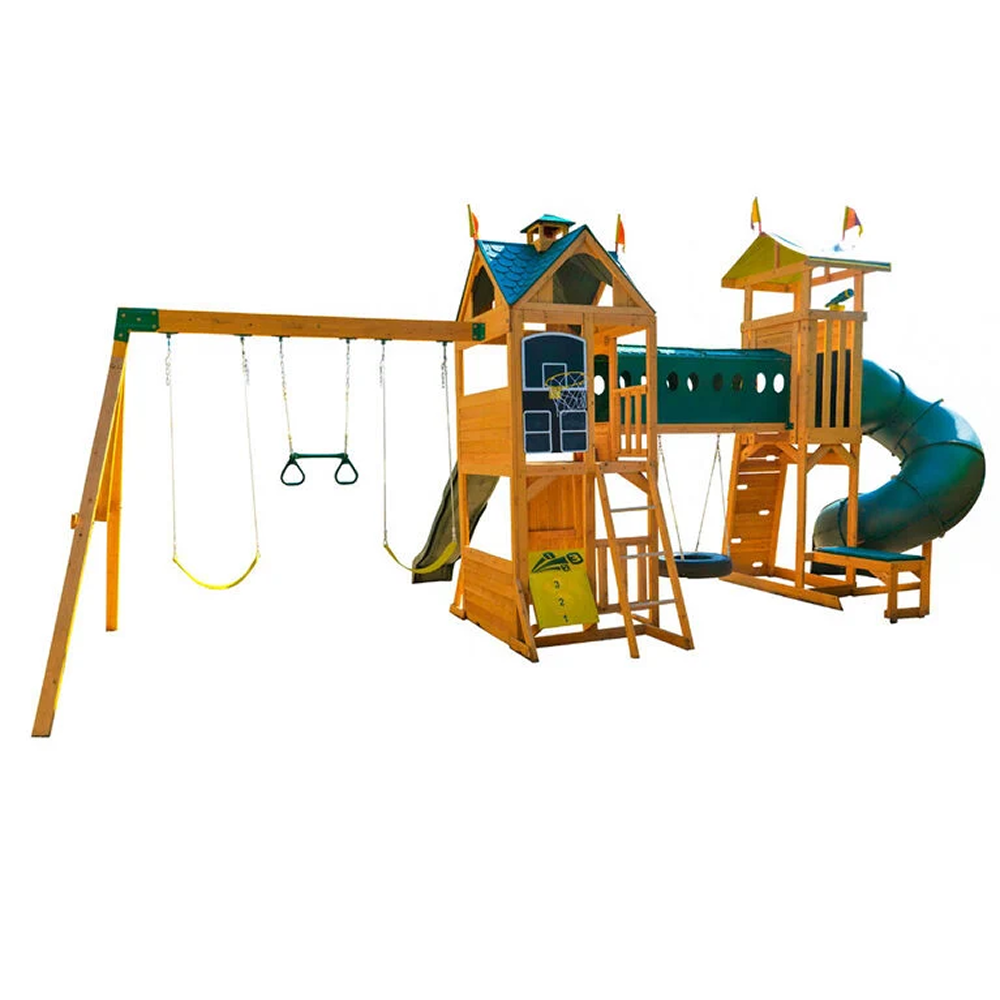 KidKraft Mockingbird View Cedar Swing Set with Lookout Tower Tube Slide and Basketball Hoop image 2