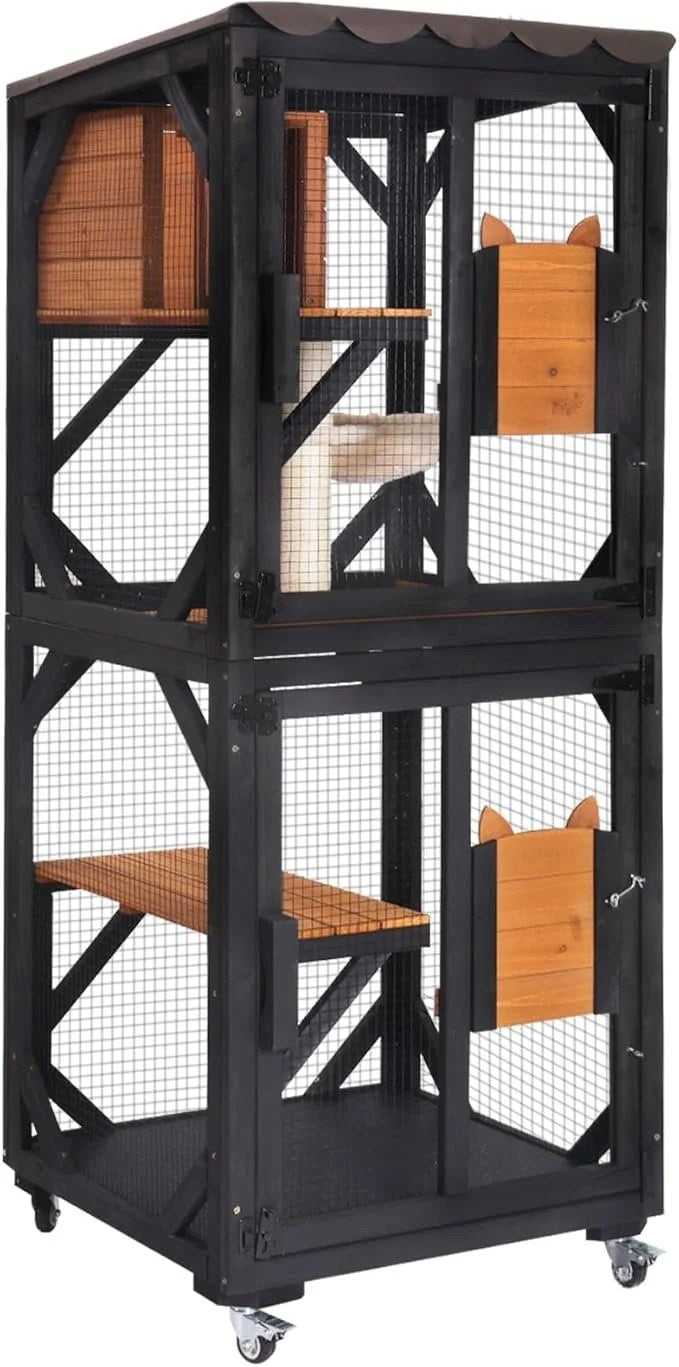 Aivituvin Cat House Window Catio Outdoor Cat Enclosure Mobile Kitty Shelter on Wheels Pet Cage with Resting Box,Hammocks,Waterproof Cover