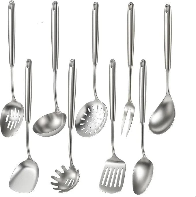 Newness 9 Pcs Cooking Utensils Set, 304 Stainless Steel Kitchen Utensils Set, Metal Kitchen Accessories, Include Soup Ladle, Slotted Skimmer Spoon, Spaghetti Spoon and Spatula, Dishwasher Safe