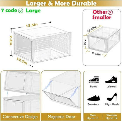 12 Pack Clear Shoe Storage Organizer with Magnetic Door,Stackable Plastic Shoe Boxes for Sneakers,Boots,and Heels,Space-Saving Foldable Shoe Rack for Closet,Durable Shoe Cabinet Organizer,White