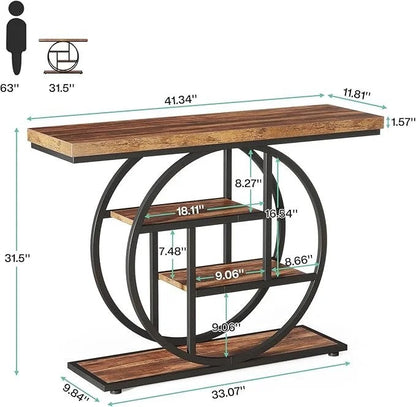 Tribesigns 41.3″ Console Table, Industrial 4-Tier Sofa Table Entryway Table with Circle Base, Narrow Wood Accent Tables with Storage Shelves for Living Room, Hallway, Foyer, Rustic Brown