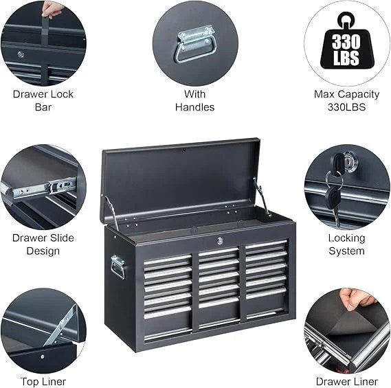 Winado 24″ Portable Metal Tool Box, 5 Drawers Toolbox with Top Storage Tray, Carry Handle, Ball Bearing Runners, Lockable Tool Chest Cabinet for Garage, Warehouse, Repair Shop & Home, Black