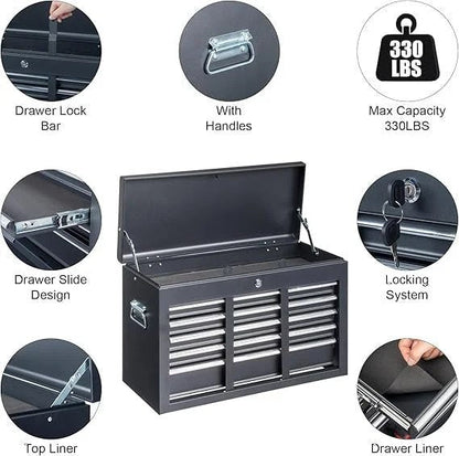 Winado 24″ Portable Metal Tool Box, 5 Drawers Toolbox with Top Storage Tray, Carry Handle, Ball Bearing Runners, Lockable Tool Chest Cabinet for Garage, Warehouse, Repair Shop & Home, Black