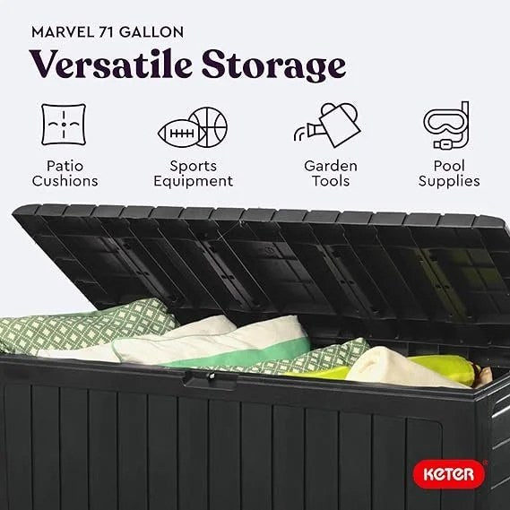 Keter Marvel Plus 71 Gallon Resin Deck Box-Organization and Storage for Patio Furniture Outdoor Cushions, Throw Pillows, Garden Tools and Pool Toys, Dark Grey