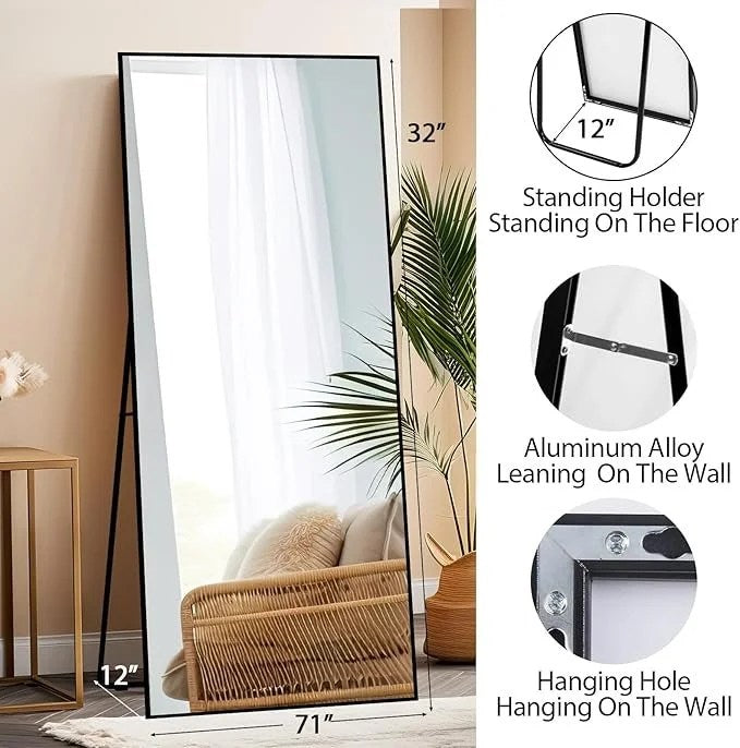 Beauty4U 71″ x 32″ Full Length Mirror with Stand, Large Floor Mirror for Bedroom, Wall Mounted or Leaning Full Body Mirror, HD Tempered Glass Dressing Mirror for Outfit Check & Home Decor, Black