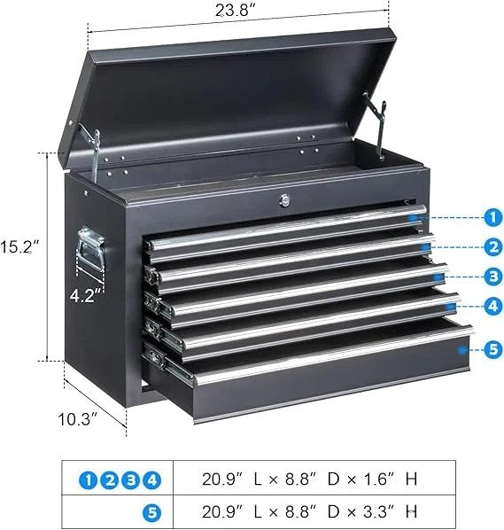 Winado 24″ Portable Metal Tool Box, 5 Drawers Toolbox with Top Storage Tray, Carry Handle, Ball Bearing Runners, Lockable Tool Chest Cabinet for Garage, Warehouse, Repair Shop & Home, Black