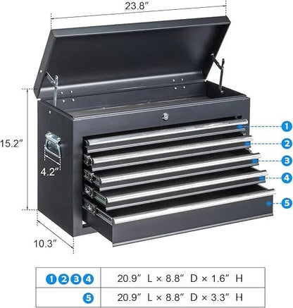 Winado 24″ Portable Metal Tool Box, 5 Drawers Toolbox with Top Storage Tray, Carry Handle, Ball Bearing Runners, Lockable Tool Chest Cabinet for Garage, Warehouse, Repair Shop & Home, Black