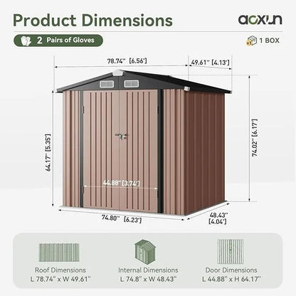Aoxun 6.2×4 FT Shed Outdoor Storage Shed with Lockable Doors & Slooping Roof Metal Garden Tool Shed for Backyard, Patio, Poolside (Brown)