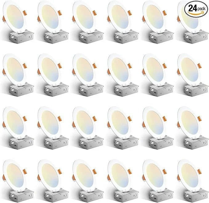 Amico 24 Pack 6 Inch 5CCT Ultra-Thin LED Recessed Ceiling Light with Junction Box, 1050LM Brightness, Dimmable Canless Wafer Downlight, 12W, ETL&FCC