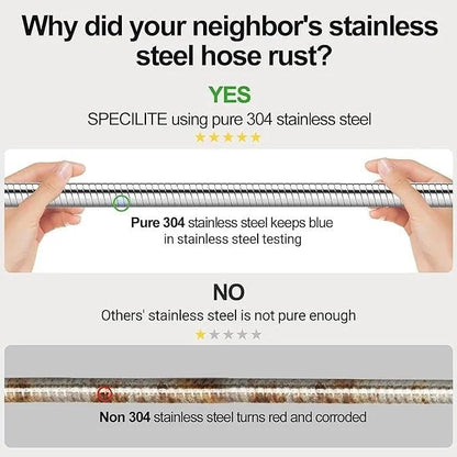 SPECILITE 200ft 304 Stainless Steel Garden Hose Metal, Heavy Duty Water Pipe with Nozzles for Yard, Outdoor – Flexible, Never Kink & Tangle, Puncture Resistant (Sliver)