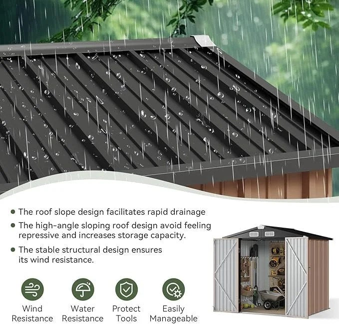 Aoxun 6.2×4 FT Shed Outdoor Storage Shed with Lockable Doors & Slooping Roof Metal Garden Tool Shed for Backyard, Patio, Poolside (Brown)