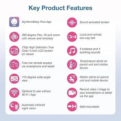 VTech VM901 Smart WiFi Baby Monitor with 1080p FHD Camera and 5″ HD IPS Display, Free App, Remote Pan Tilt Zoom, Night Vision, Motion Detection Alerts