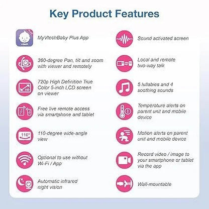 VTech VM901 Smart WiFi Baby Monitor with 1080p FHD Camera and 5″ HD IPS Display, Free App, Remote Pan Tilt Zoom, Night Vision, Motion Detection Alerts