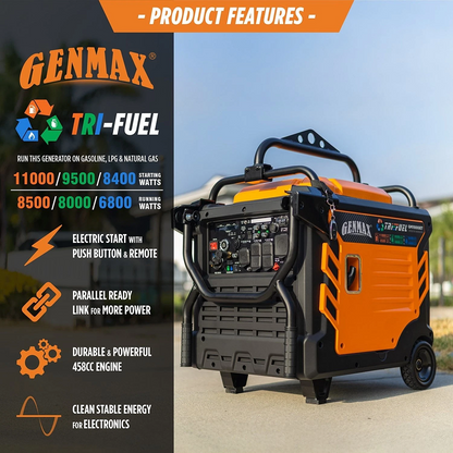 Genmax 11000-W Portable TRI Fuel Gas Inverter Generator Remote Start CO Sensor™ image 2