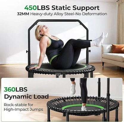 BCAN BT2 450/550LBS Mini Rebounder Trampoline for Adults with Bar, Fitness Trampoline with Bungees, Adjustable Handle, Stable & Quiet, Indoor Outdoor, Whole-Body Workout & Relaxation at Home-40IN/48IN