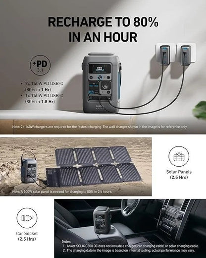 Anker SOLIX C300 DC Power Bank Station, Outdoor 288Wh Portable Power Station, LiFePO4 Battery, 300W Solar Generator, for Camping, Traveling, and Emergencies (No Wall Charger Included)