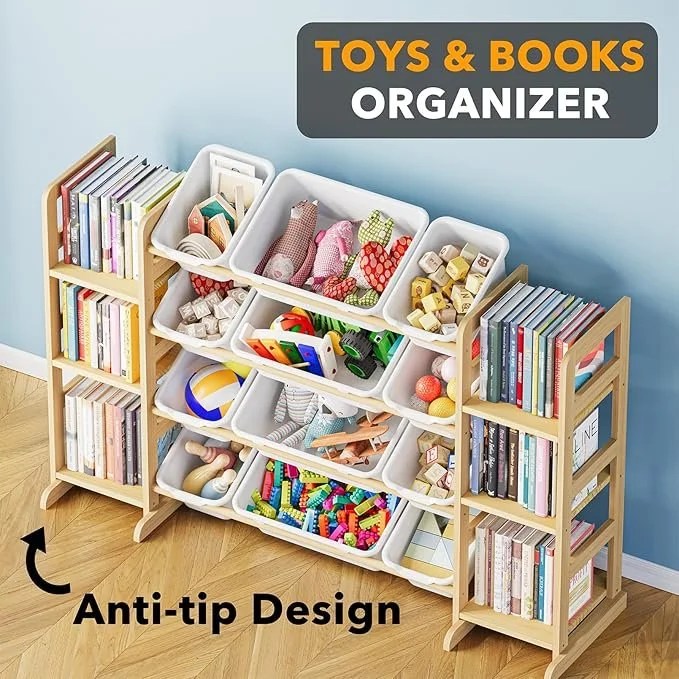 SpaceAid Toy Storage Organizer with 6 Shelves and 12 Bins, Bookshelf/Bookcase, Kids Bin Shelf, Toys Box for Playroom Organization for Bedroom & Room Decor, White, 52.3″ W