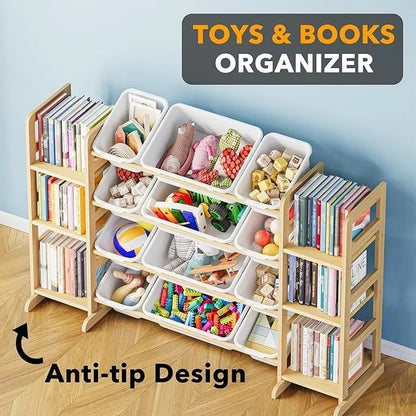 SpaceAid Toy Storage Organizer with 6 Shelves and 12 Bins, Bookshelf/Bookcase, Kids Bin Shelf, Toys Box for Playroom Organization for Bedroom & Room Decor, White, 52.3″ W