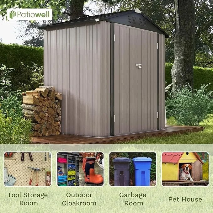 Patiowell 6×4 FT Outdoor Storage Shed, Garden Tool Storage Shed with Sloping Roof and Double Lockable Door, Outdoor Shed for Garden Backyard Patio Lawn, Brown