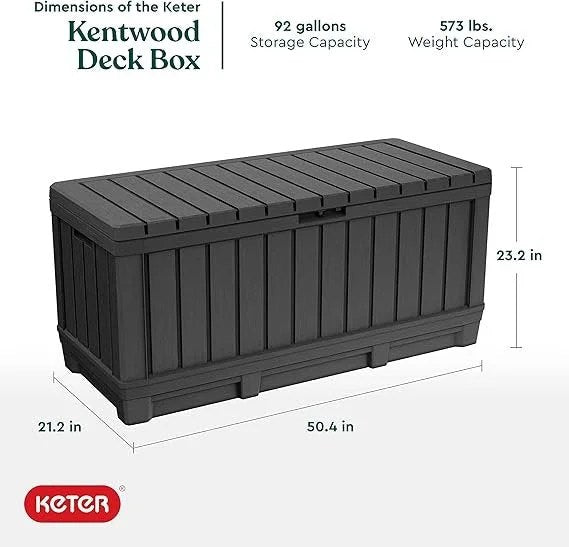 Keter Kentwood 92 Gallon Resin Deck Box-Organization and Storage for Patio Furniture Outdoor Cushions, Throw Pillows, Garden Tools and Pool Floats, Dark Grey