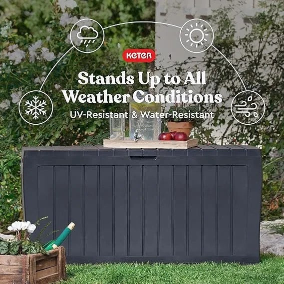 Keter Marvel Plus 71 Gallon Resin Deck Box-Organization and Storage for Patio Furniture Outdoor Cushions, Throw Pillows, Garden Tools and Pool Toys, Dark Grey