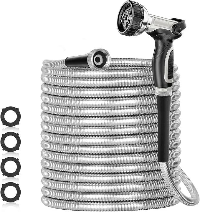 SPECILITE 200ft 304 Stainless Steel Garden Hose Metal, Heavy Duty Water Pipe with Nozzles for Yard, Outdoor – Flexible, Never Kink & Tangle, Puncture Resistant (Sliver)