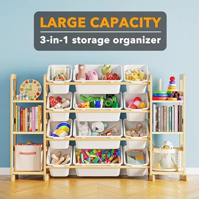 SpaceAid Toy Storage Organizer with 6 Shelves and 12 Bins, Bookshelf/Bookcase, Kids Bin Shelf, Toys Box for Playroom Organization for Bedroom & Room Decor, White, 52.3″ W