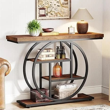 Tribesigns 41.3″ Console Table, Industrial 4-Tier Sofa Table Entryway Table with Circle Base, Narrow Wood Accent Tables with Storage Shelves for Living Room, Hallway, Foyer, Rustic Brown